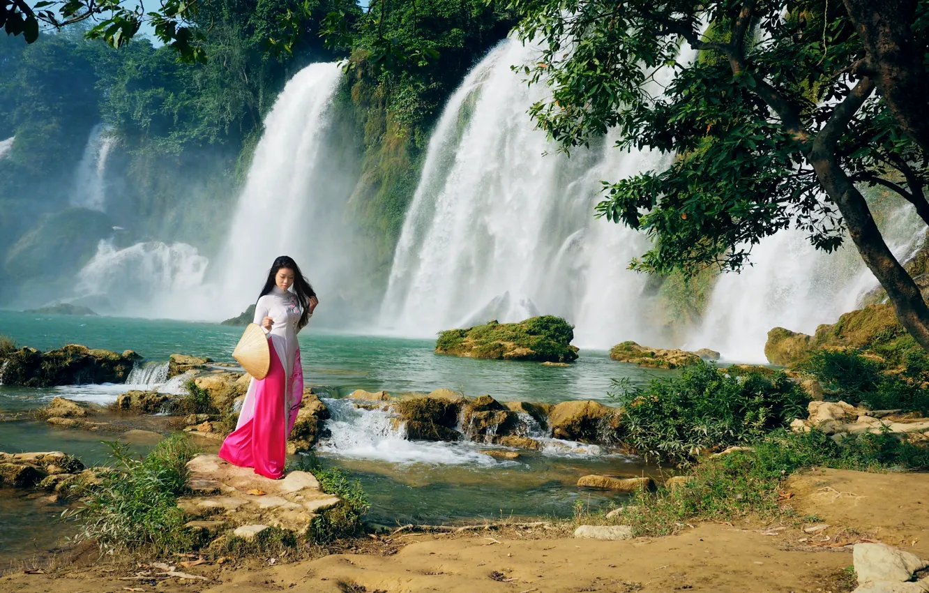 Photo wallpaper girl, nature, waterfall, walk, East