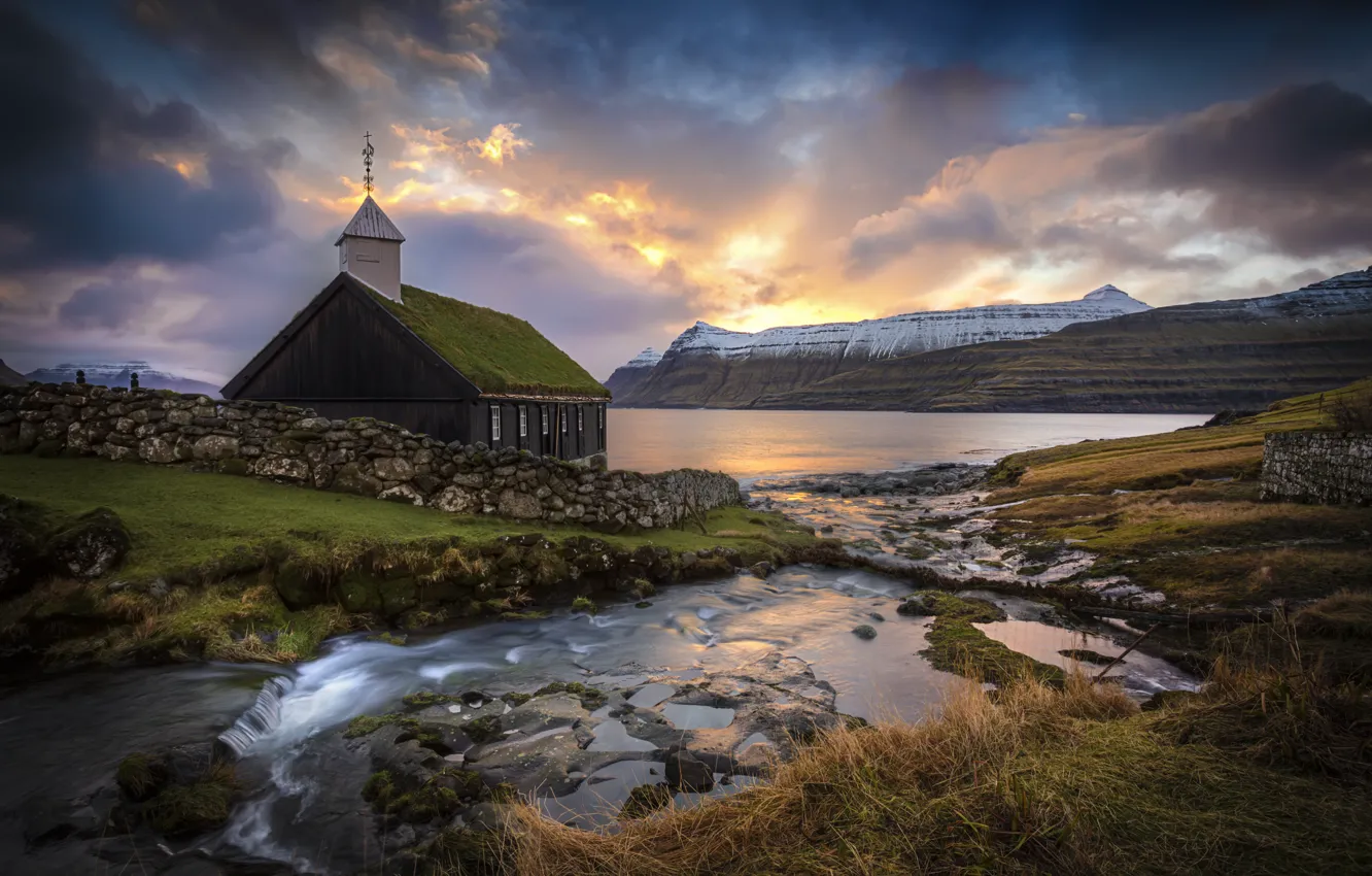 Photo wallpaper landscape, nature, the ocean, rocks, morning, Church, Faroe Islands, The Faroe Islands