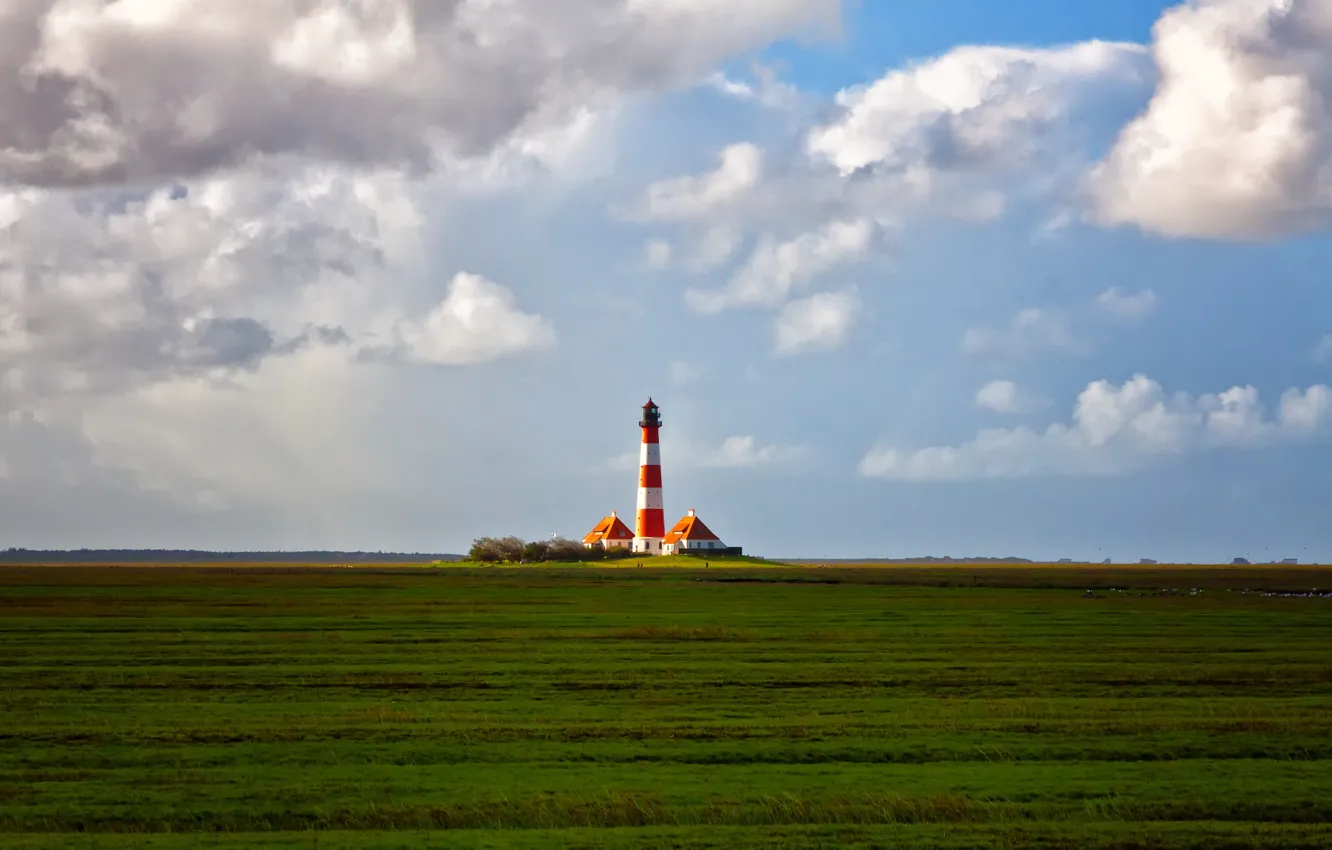 Photo wallpaper field, the sky, clouds, lighthouse, Germany, horizon, Schleswig-Holstein, Leikenhusen