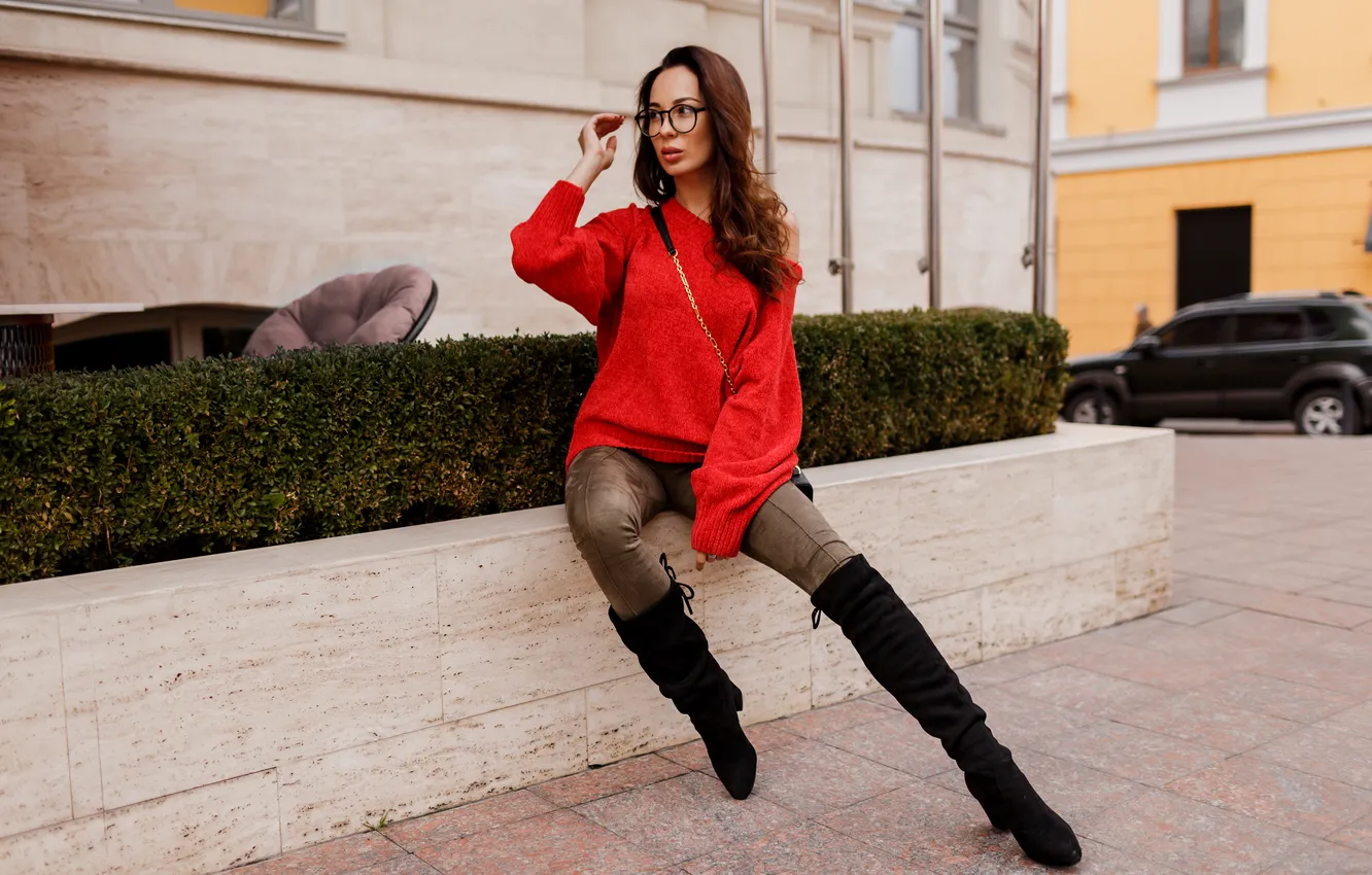 Photo wallpaper girl, beautiful, model, jeans, glasses, cute, boots, sweater
