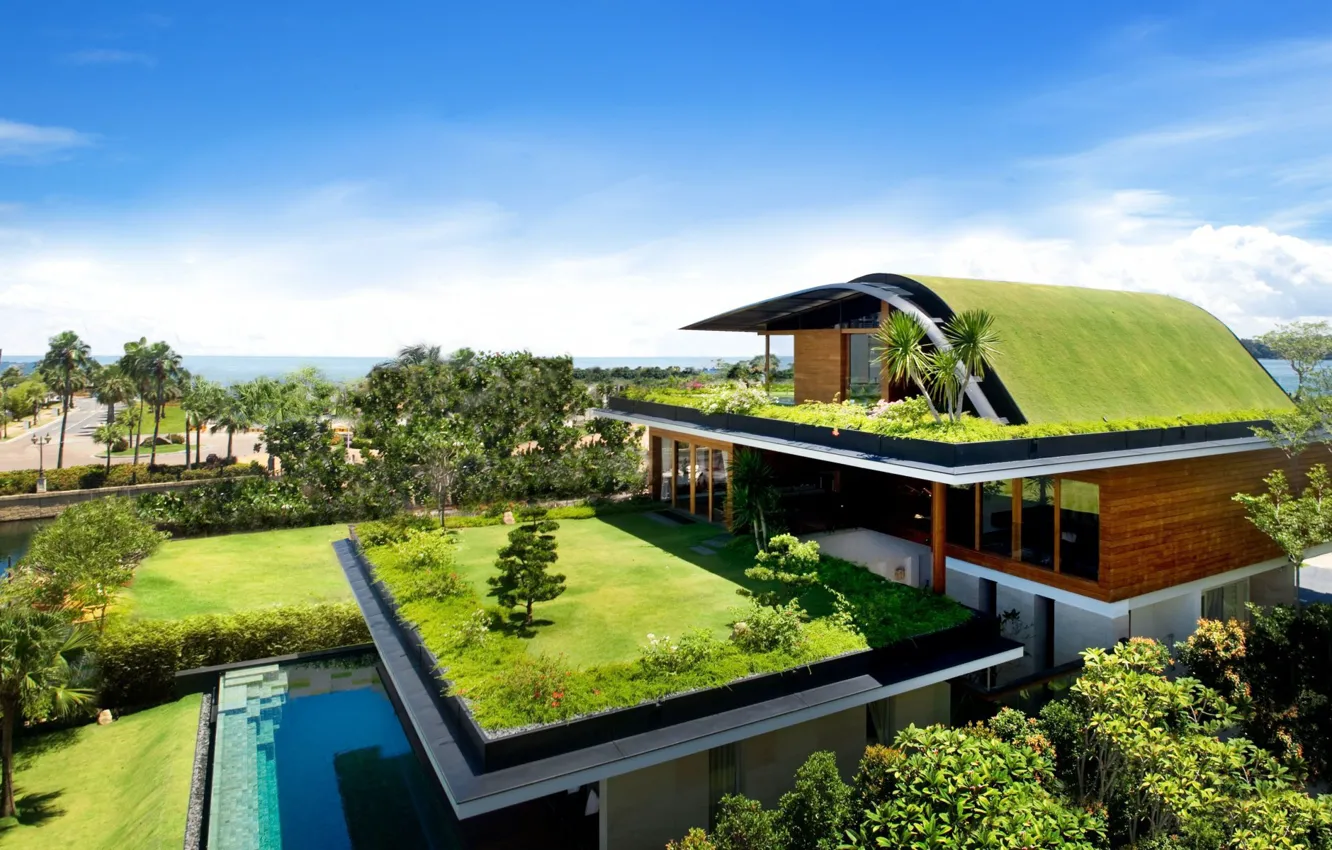 Photo wallpaper House, Grass, Green, Landscape, Pool