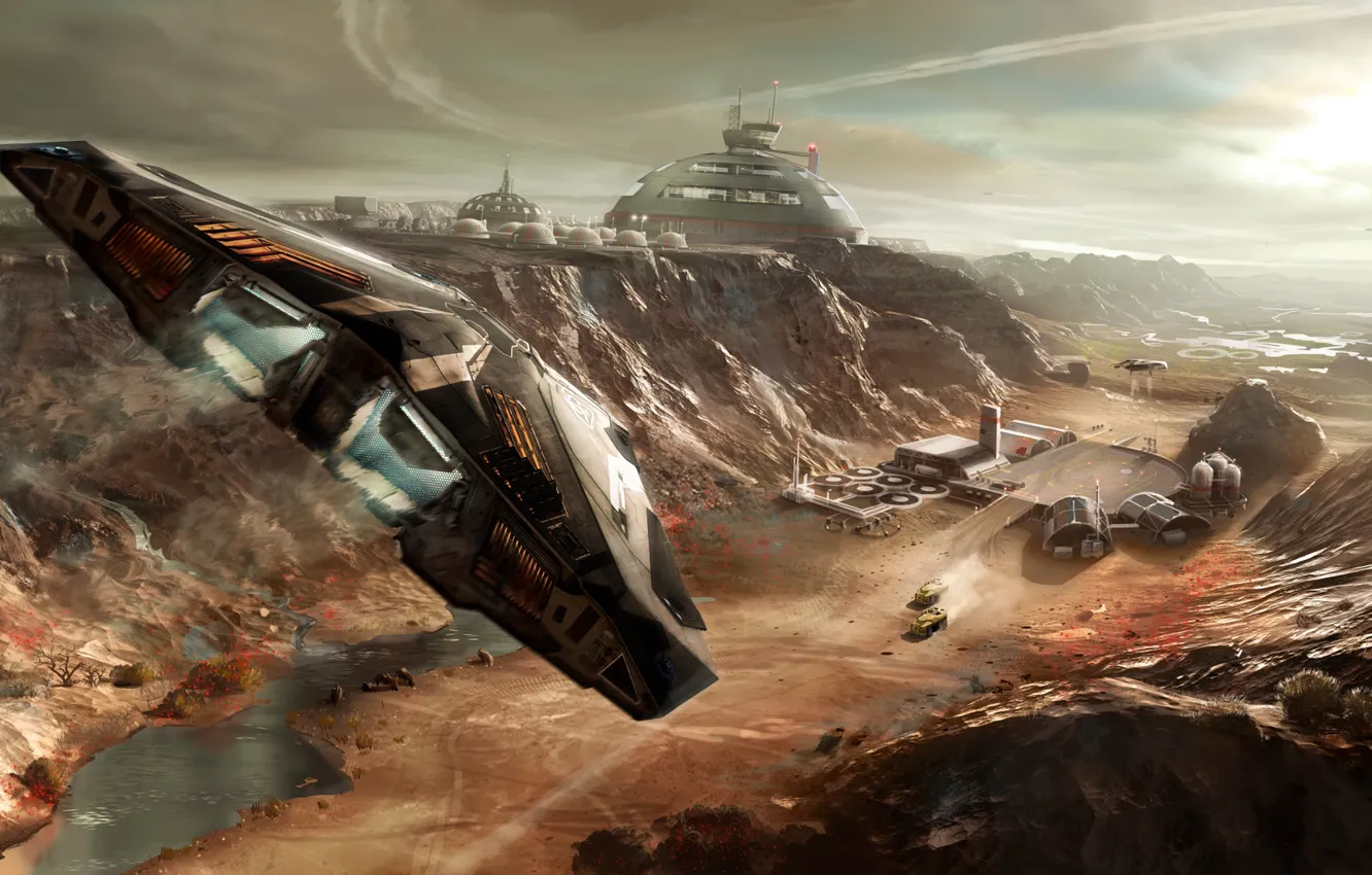 Photo wallpaper landscape, fiction, the game, ship, station, base, flight, starship
