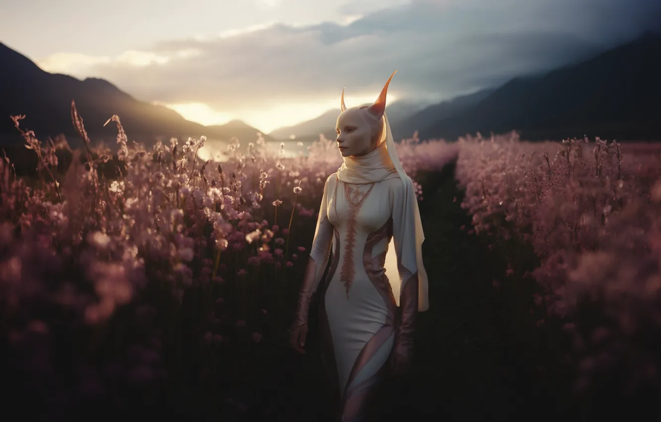 Photo wallpaper field, the sky, girl, clouds, light, flowers, mountains, nature