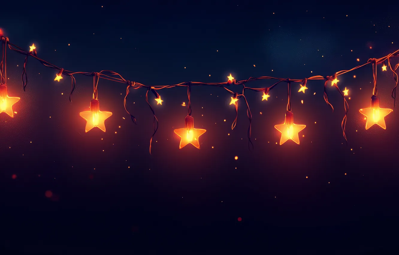 Photo wallpaper stars, the dark background, new year, glow, Christmas, garland, stars, AI art