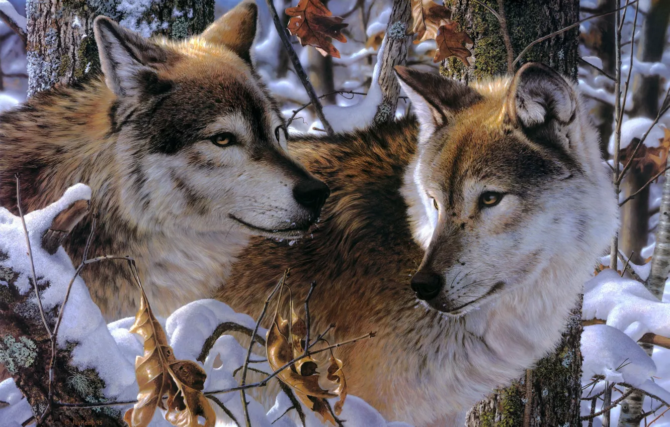 Photo wallpaper snow, art, wolves, Jay Kemp