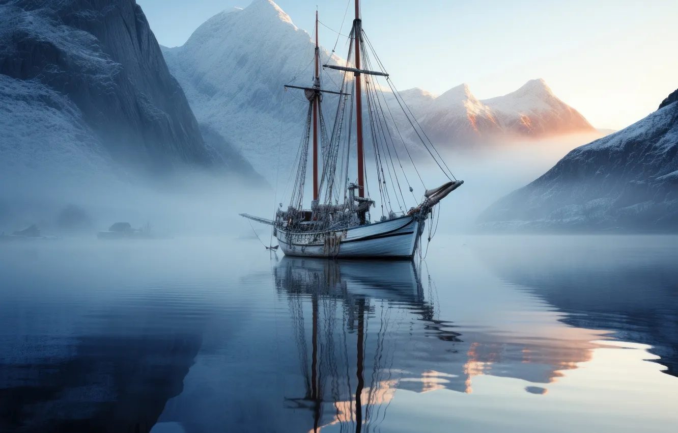Photo wallpaper sea, mountains, ship, sailboat