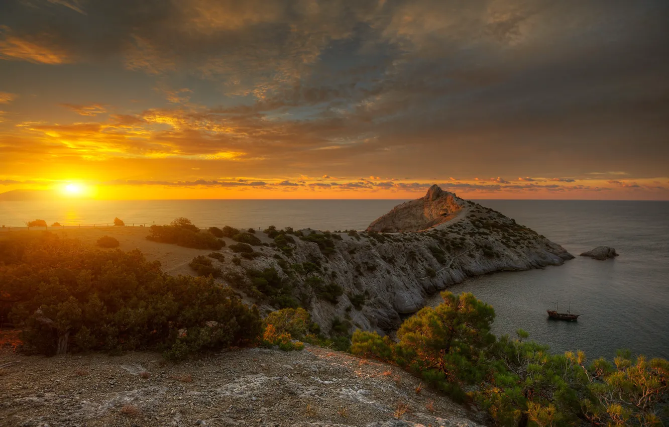 Photo wallpaper water, the sun, rays, sunset, shore, Crimea, The black sea, the Peninsula