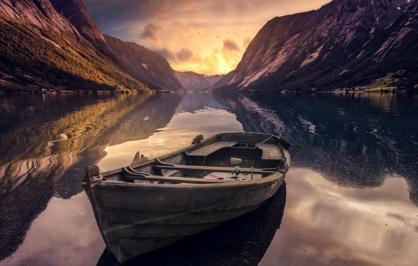 Photo wallpaper mountains, lake, boat