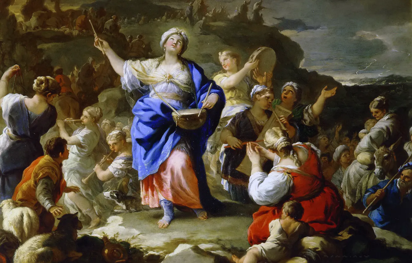 Photo wallpaper music, dance, myth, Luca Giordano, Ode Of The Prophetess Miriam, genre painting