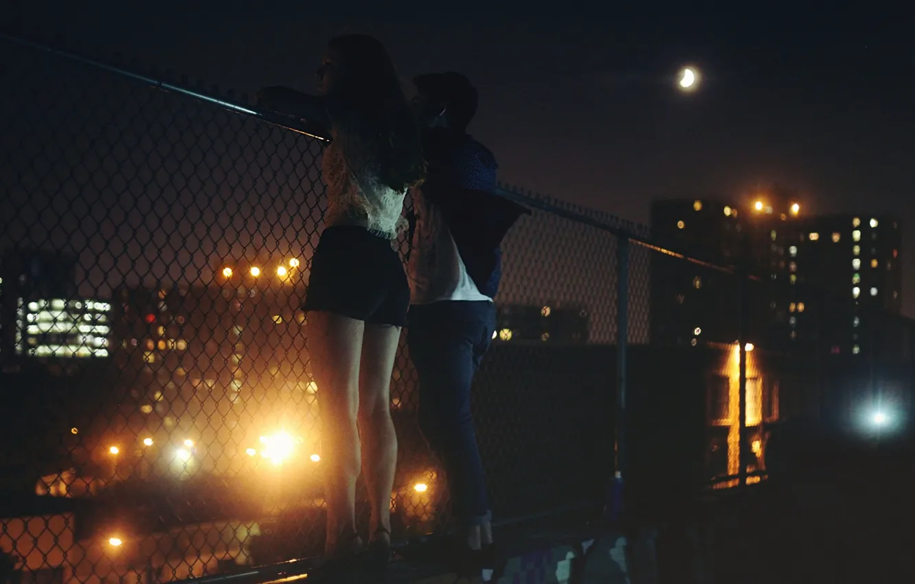 Photo wallpaper cold, girl, night, the moon, street, the fence, lights, guy