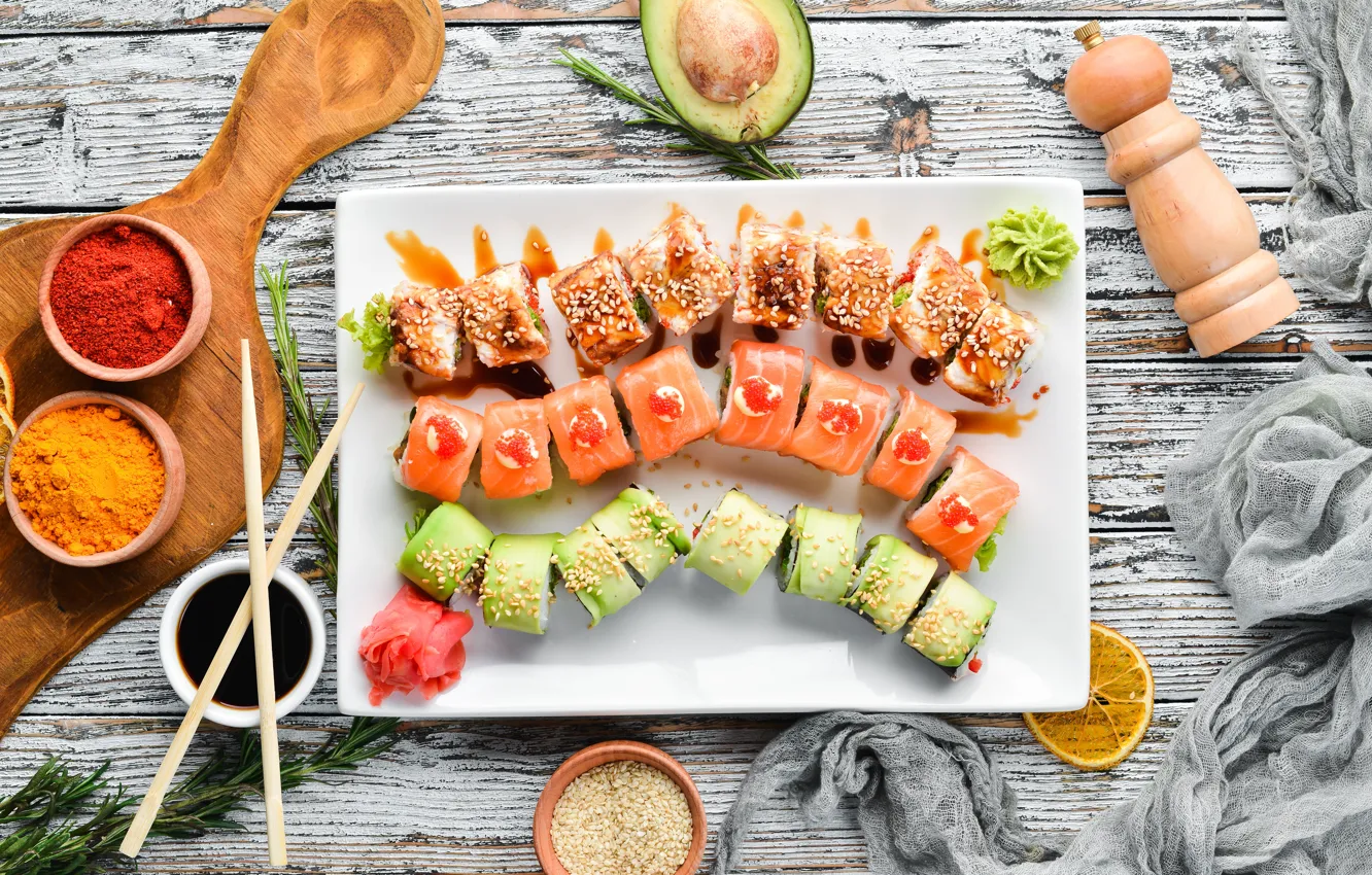 Photo wallpaper food, plate, sushi, seafood, spices