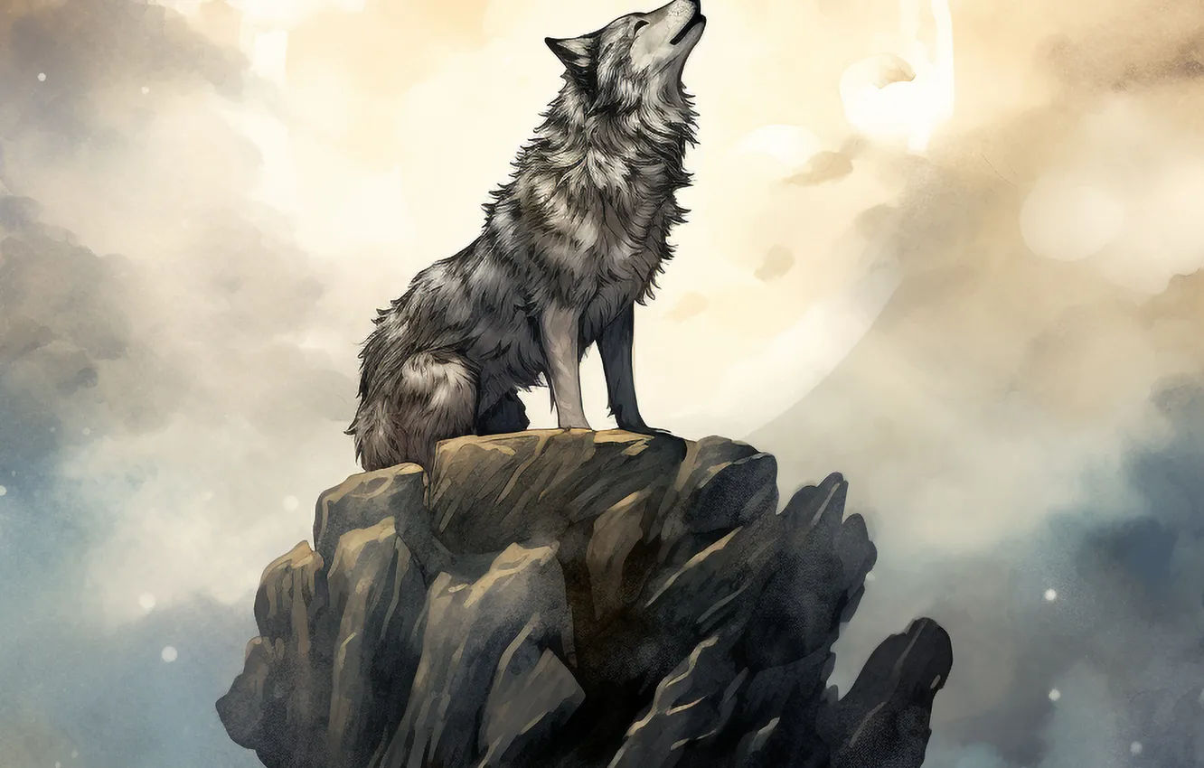 Photo wallpaper rocks, wolf, art, digital art, imitation painting, AI art, The Art of Artificial Intelligence, neural …