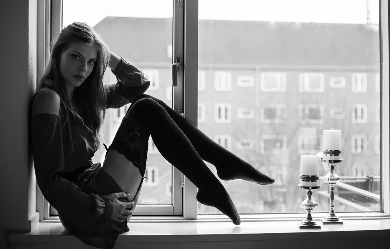 Photo wallpaper look, girl, building, stockings, candles, window, black and white, sitting