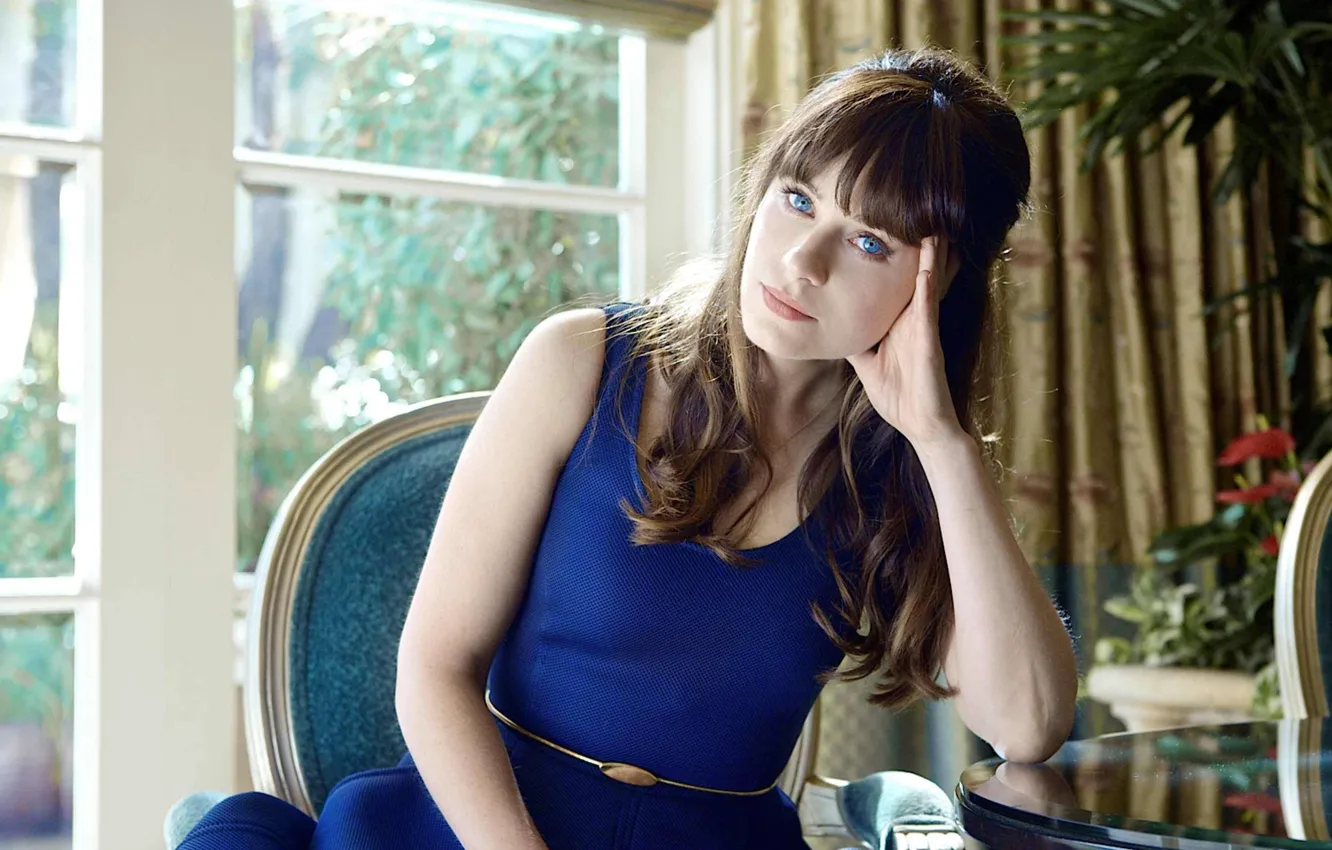 Photo wallpaper girl, chair, dress, actress, brunette, blue eyes, Zooey Deschanel, Zooey Deschanel