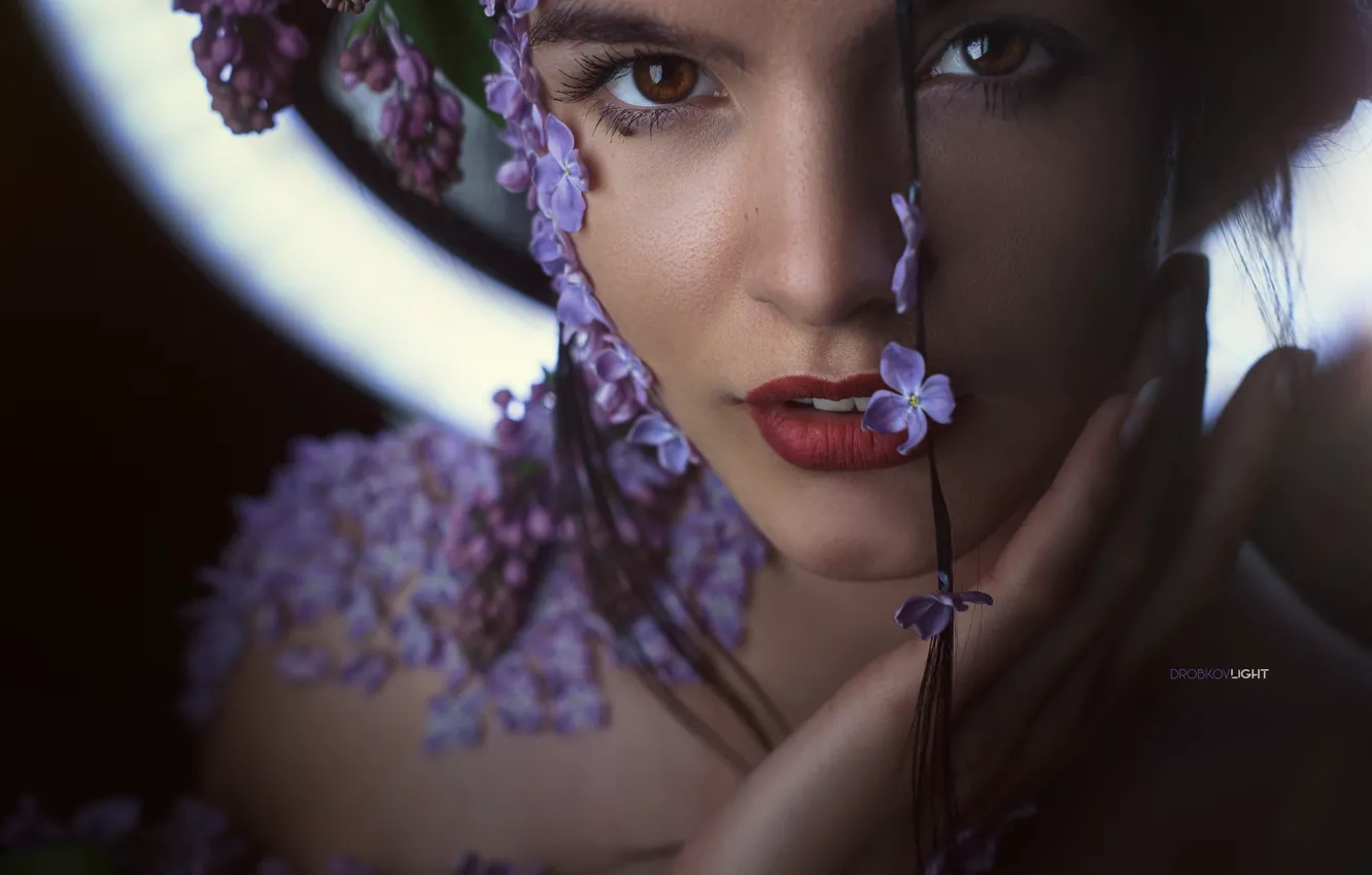 Photo wallpaper face, portrait, Girl, petals, flowers, Alexander Drobkov-Light, Julia Khudoleeva