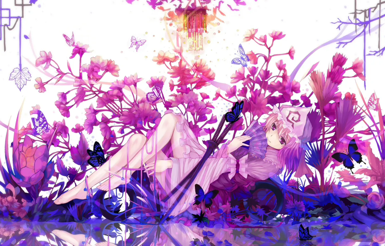 Photo wallpaper girl, flowers, weapons, butterfly, katana, anime, art, touhou