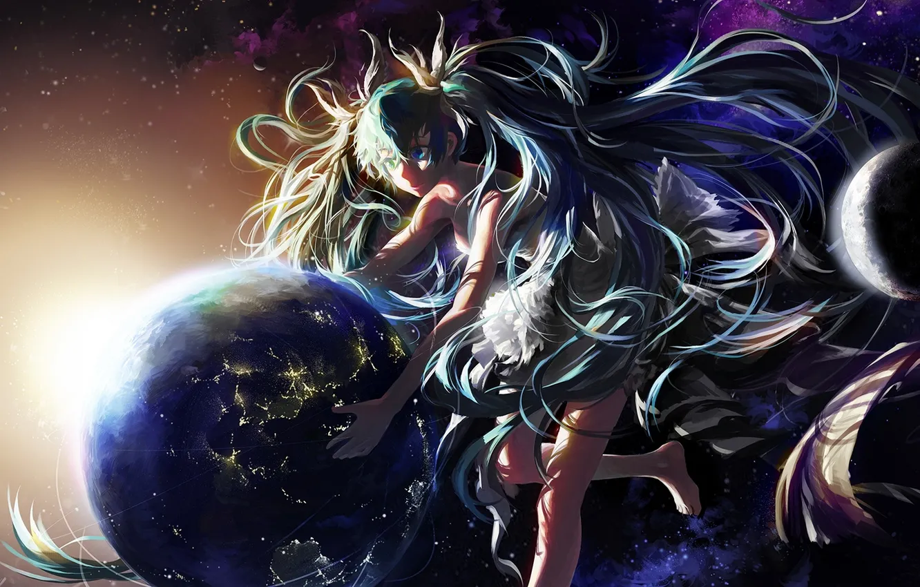 Photo wallpaper the sky, girl, stars, light, earth, planet, anime, art