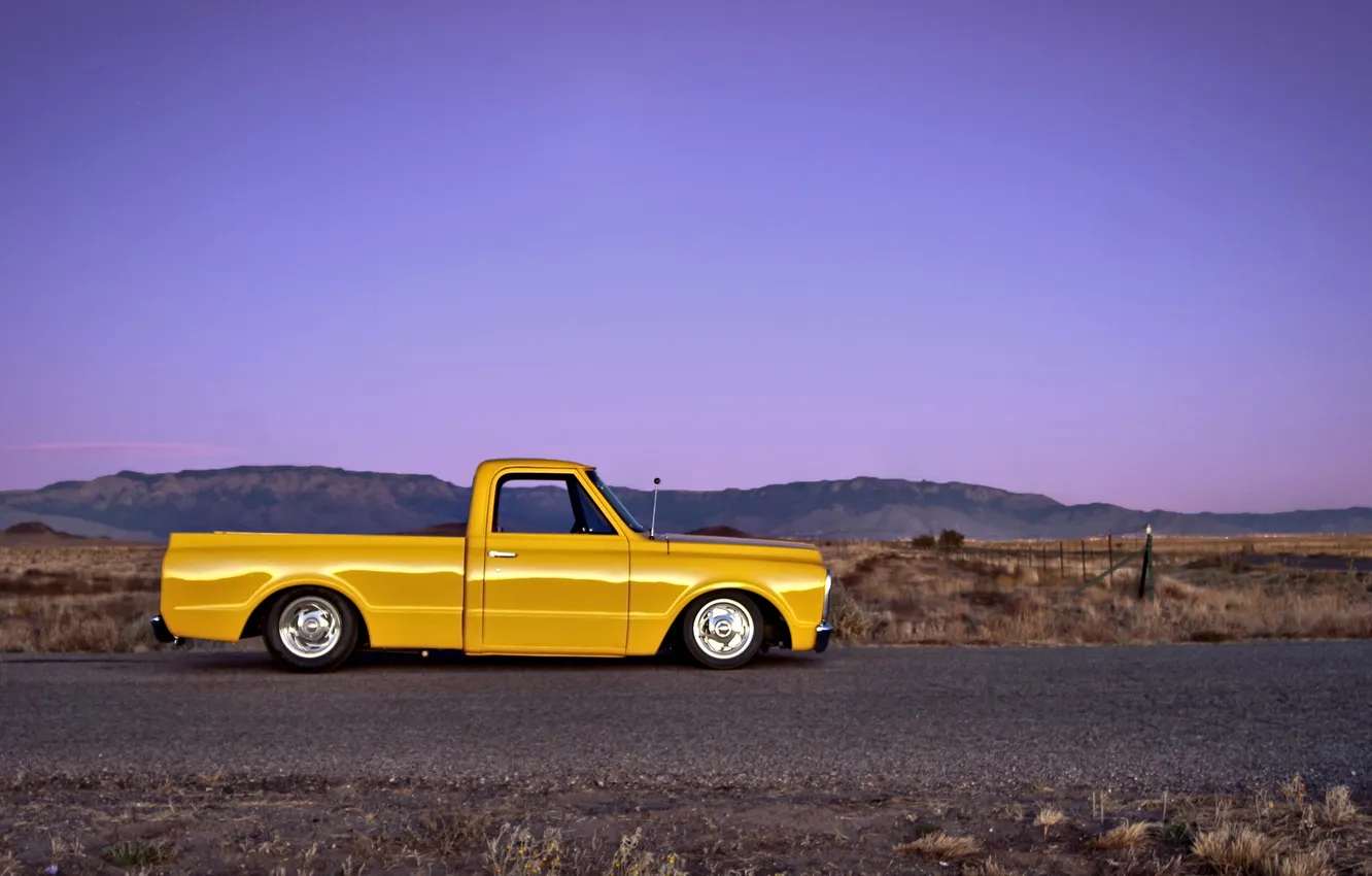 Photo wallpaper road, field, the sky, hills, the fence, wheel, Chevrolet, 1969