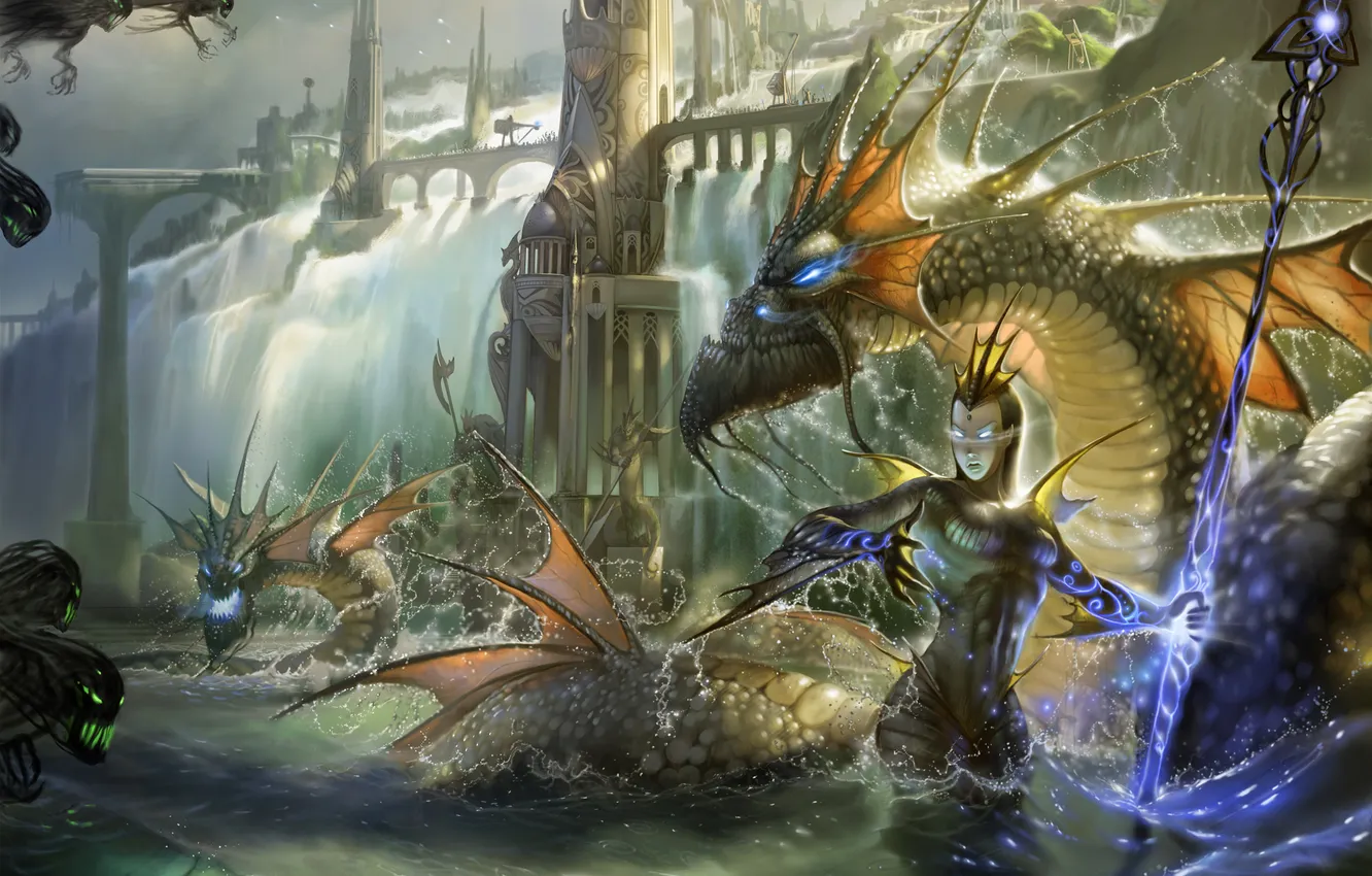 Photo wallpaper girl, magic, dragon, waterfall, spirit, staff, sorceress, buildings