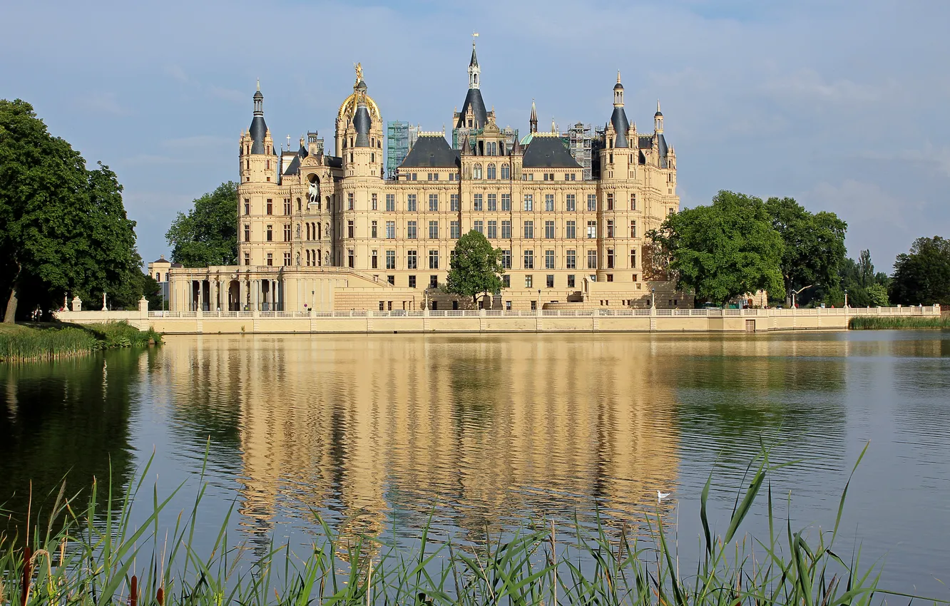 Photo wallpaper water, trees, pond, reflection, the reeds, castle, Germany, Schwerin