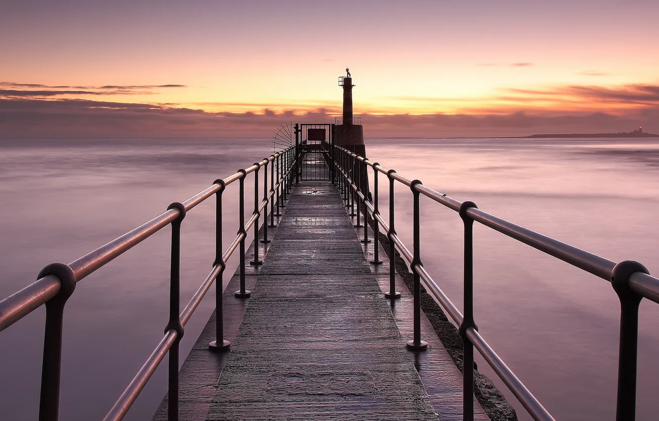 Photo wallpaper sea, landscape, sunset, bridge