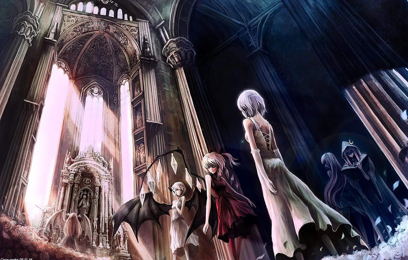 Photo wallpaper girl, wings, columns, hall, touhou