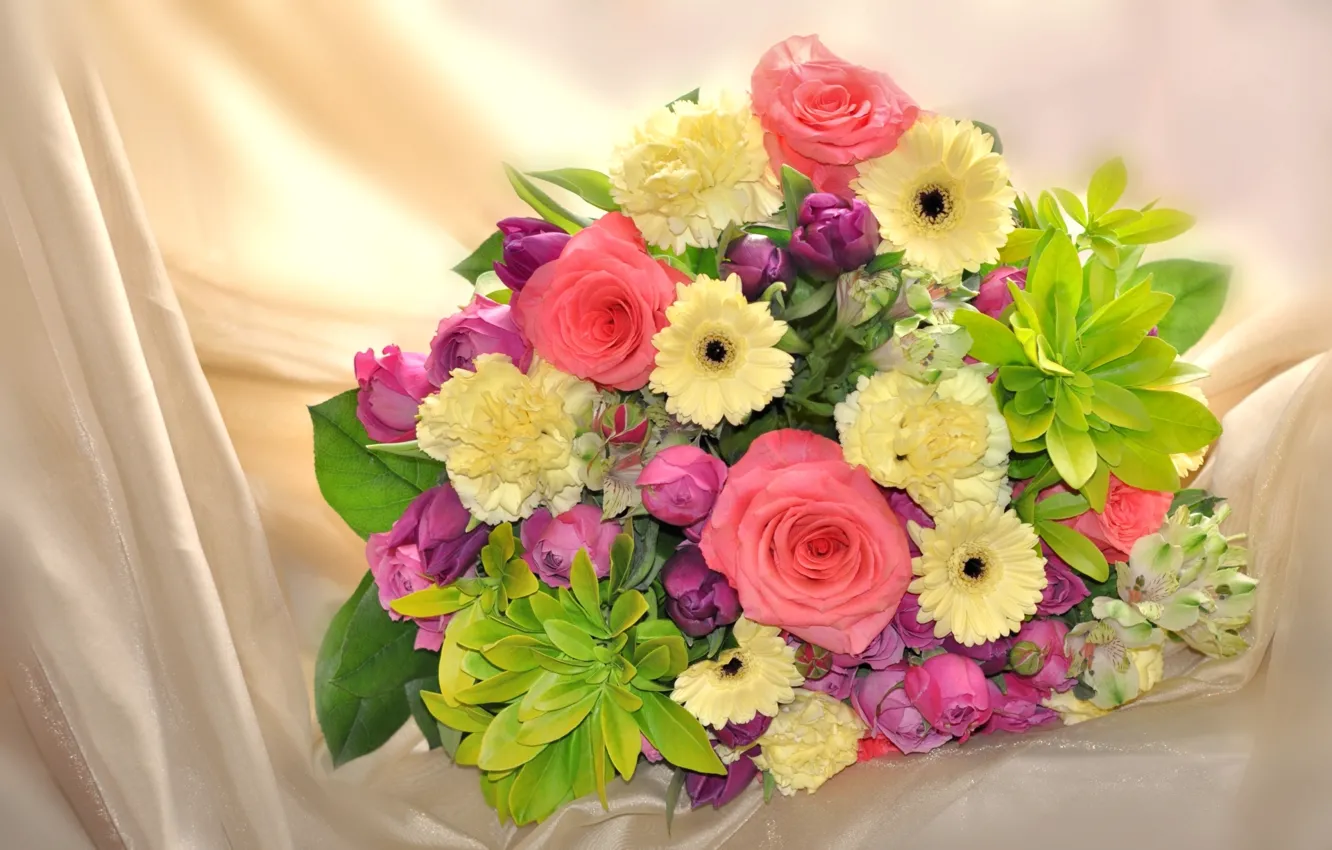 Photo wallpaper roses, bouquet, gerbera, clove, Alstroemeria
