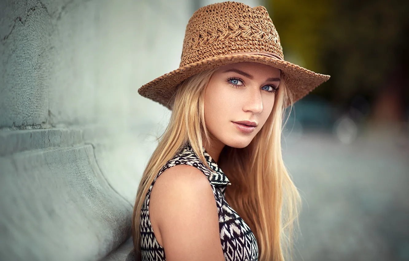 Photo wallpaper look, girl, portrait, hat, hairstyle, blonde, bokeh, Eva