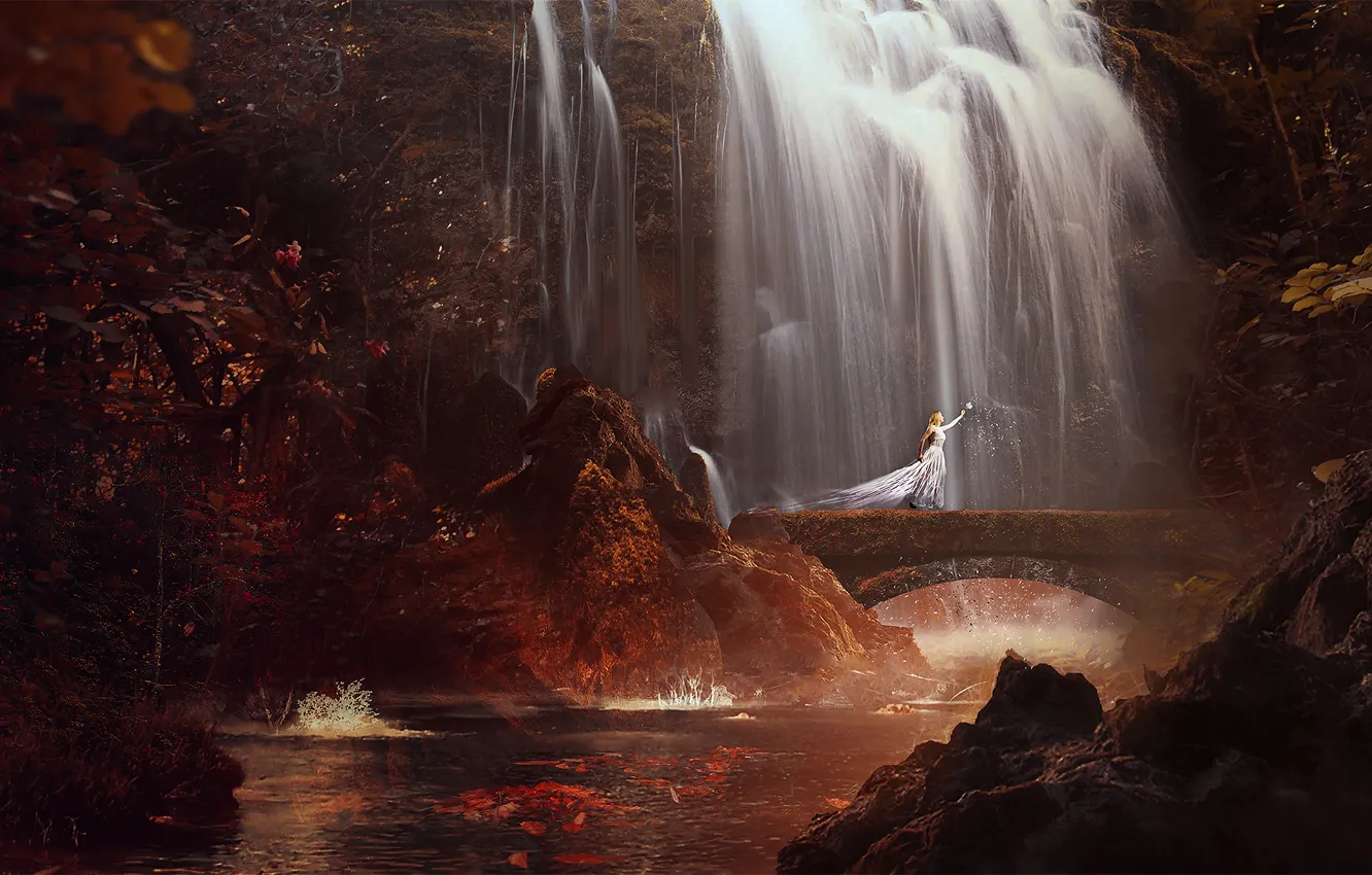 Photo wallpaper forest, water, girl, trees, bridge, stream, waterfall, dress