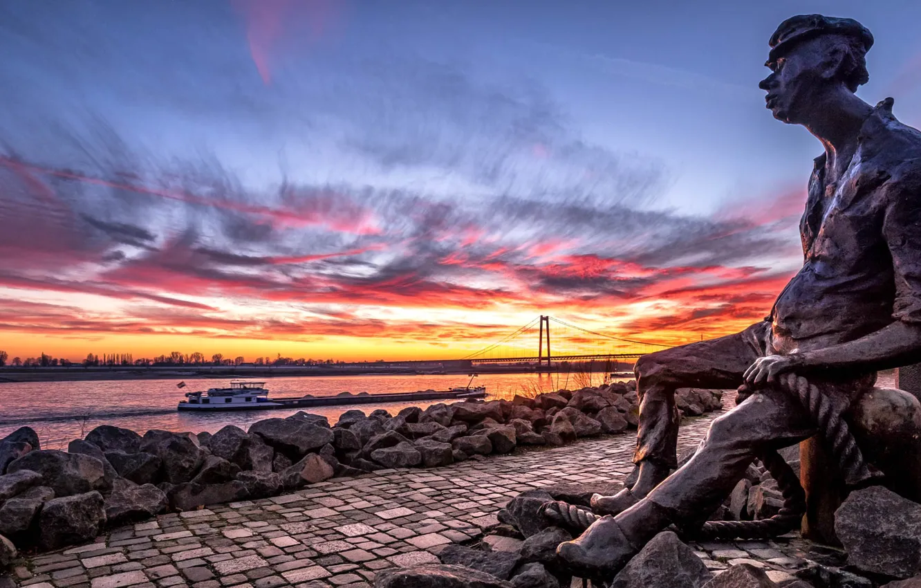 Photo wallpaper sunset, river, Germany, sculpture, promenade, Germany, barge, the Rhine river