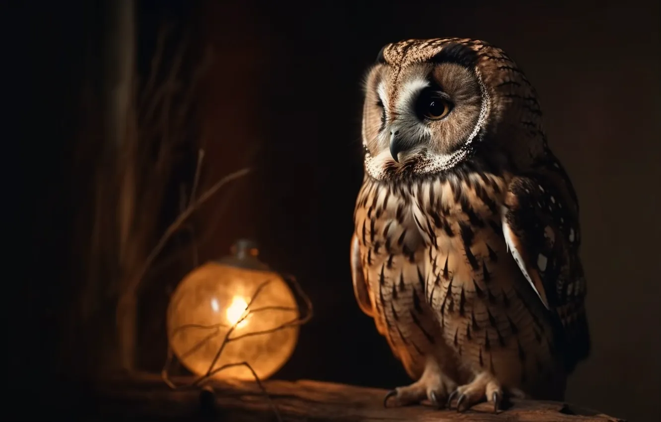 Photo wallpaper look, light, night, branches, nature, the dark background, owl, bird