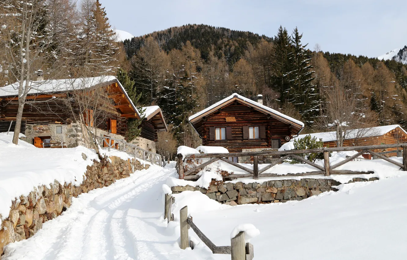 Photo wallpaper winter, forest, snow, trees, mountains, stones, the fence, home