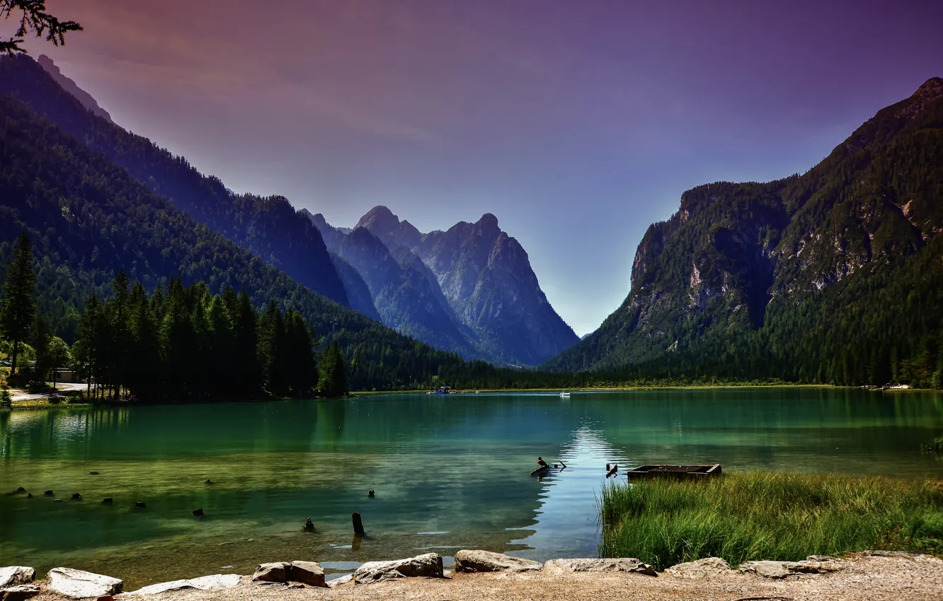 Photo wallpaper landscape, nature, lake, Italy, forest, The Dolomites, The lake of Dobbiaco, Dobbiaco