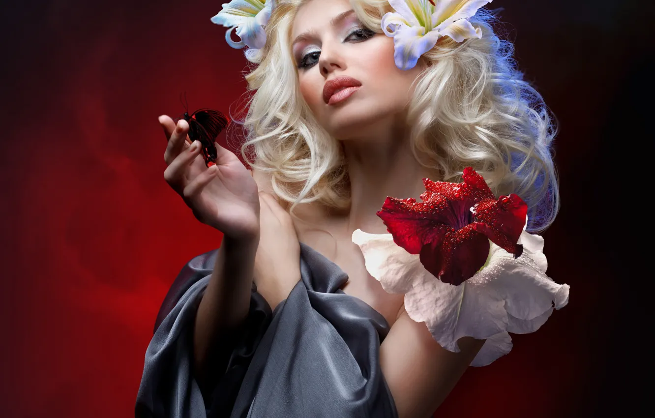 Photo wallpaper flowers, pose, background, butterfly, Lily, makeup, hairstyle, blonde