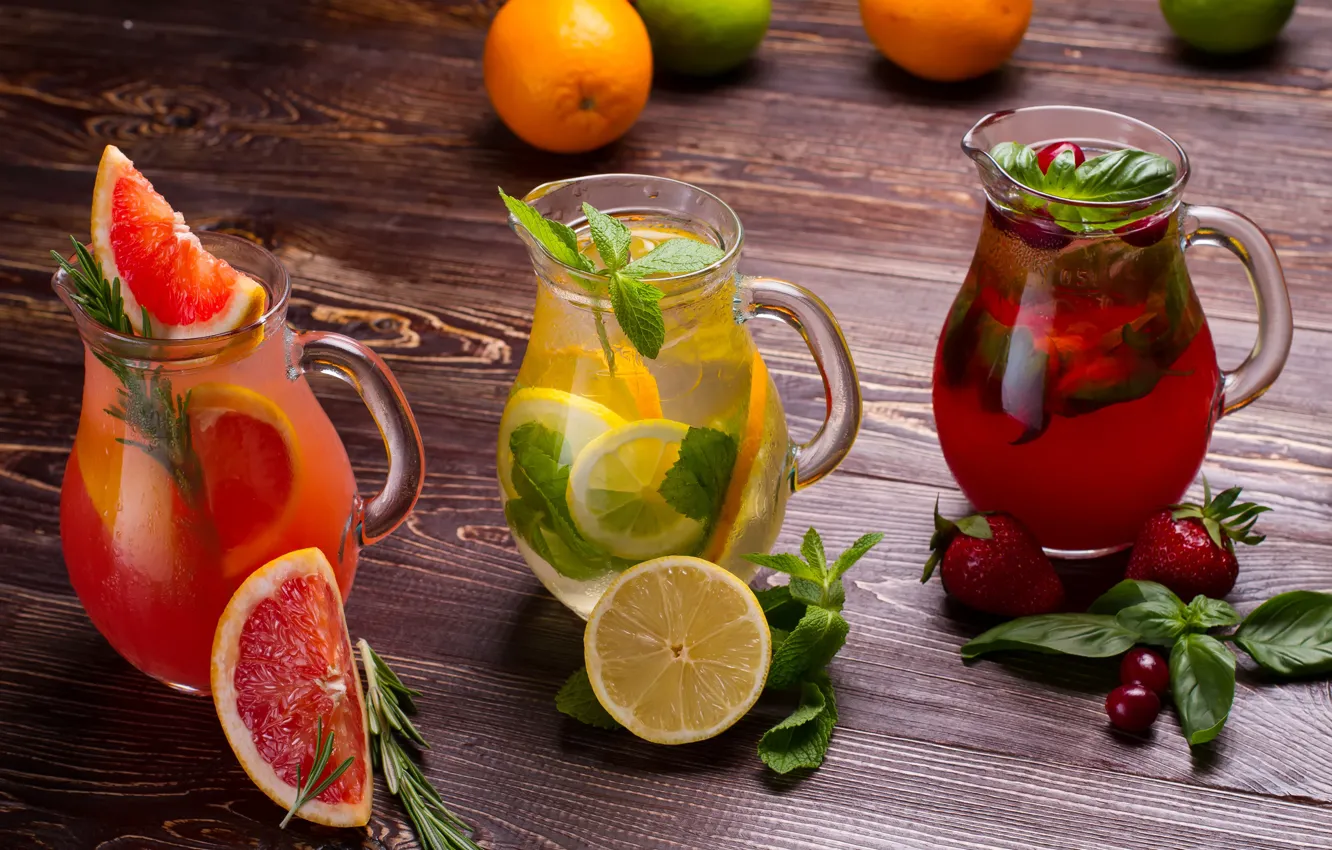 Photo wallpaper greens, leaves, cherry, berries, lemon, strawberry, cocktail, drink