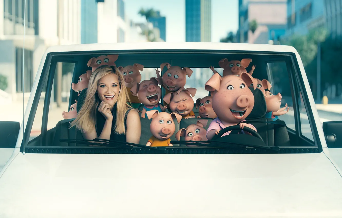 Photo wallpaper car, city, cinema, movie, blonde, film, pig, Reese Witherspoon