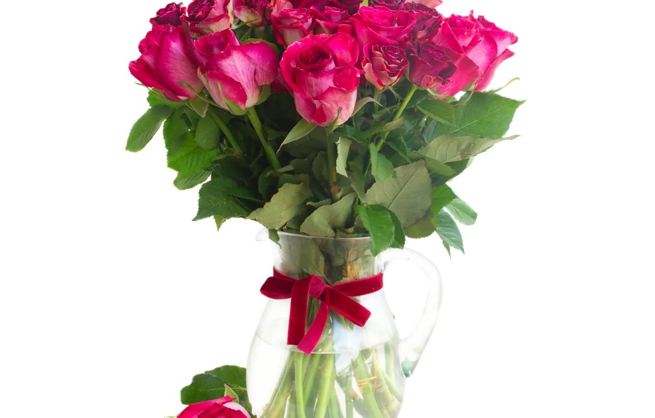 Photo wallpaper red, roses, bouquet, tape, vase
