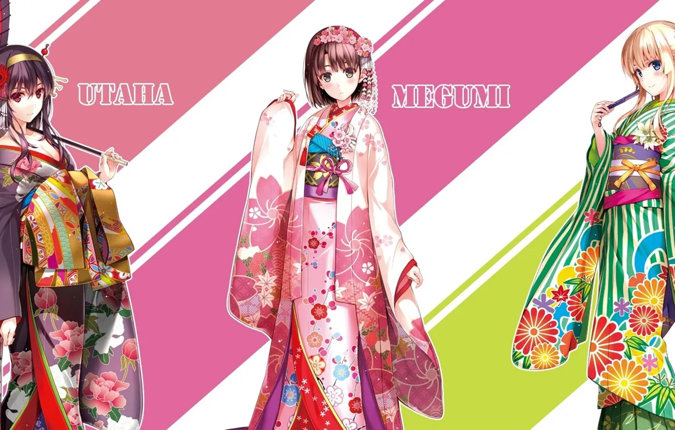 Photo wallpaper waves, yukata, flower, pink hair, green eyes, umbrella, anime, blue eyes