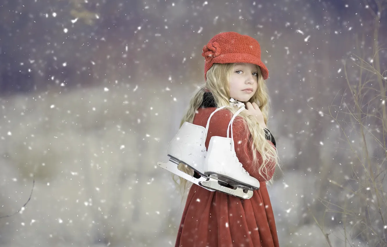 Photo wallpaper look, snowflakes, little red riding hood, white hair, blurred background, look, snowflakes, white hair