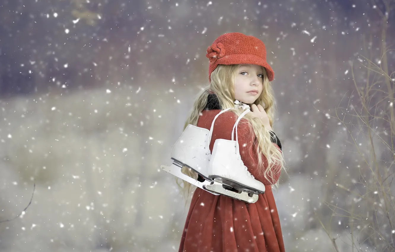 Photo wallpaper look, snowflakes, little red riding hood, white hair, blurred background, little red riding hood, look, …