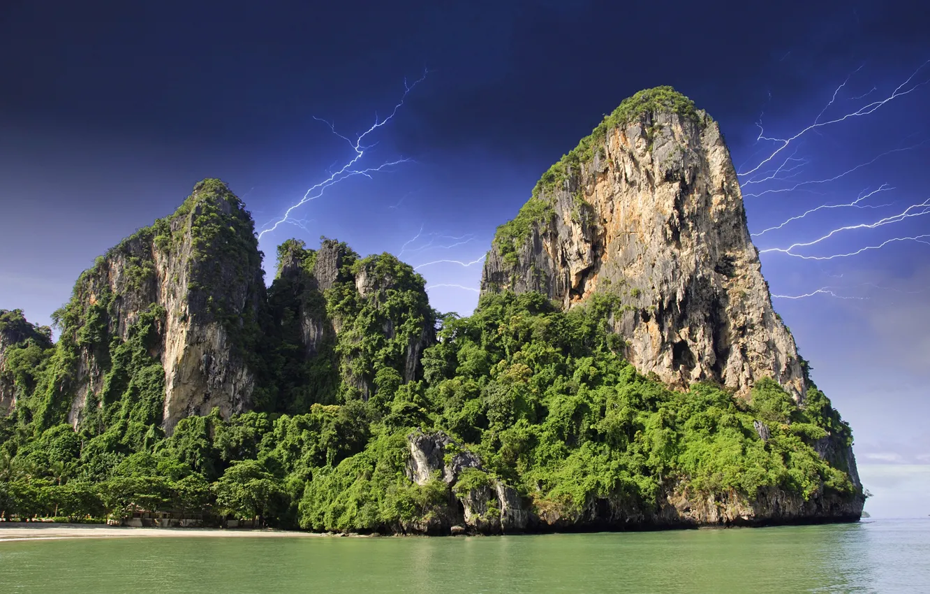 Photo wallpaper sea, the storm, the sky, the sun, trees, clouds, tropics, rocks