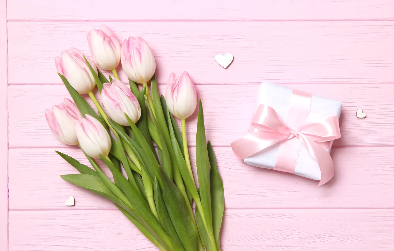 Photo wallpaper flowers, gift, bouquet, tulips, pink, wood, pink, flowers