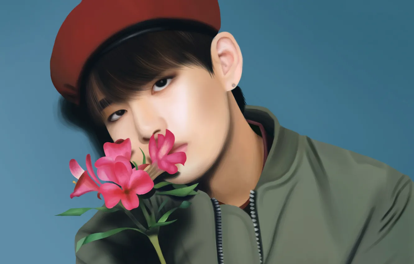 Photo wallpaper flower, guy, BTS, BangTan Boys, Kim Tae Hyung, Bulletproof Boy Scouts, by Yunhosbambi