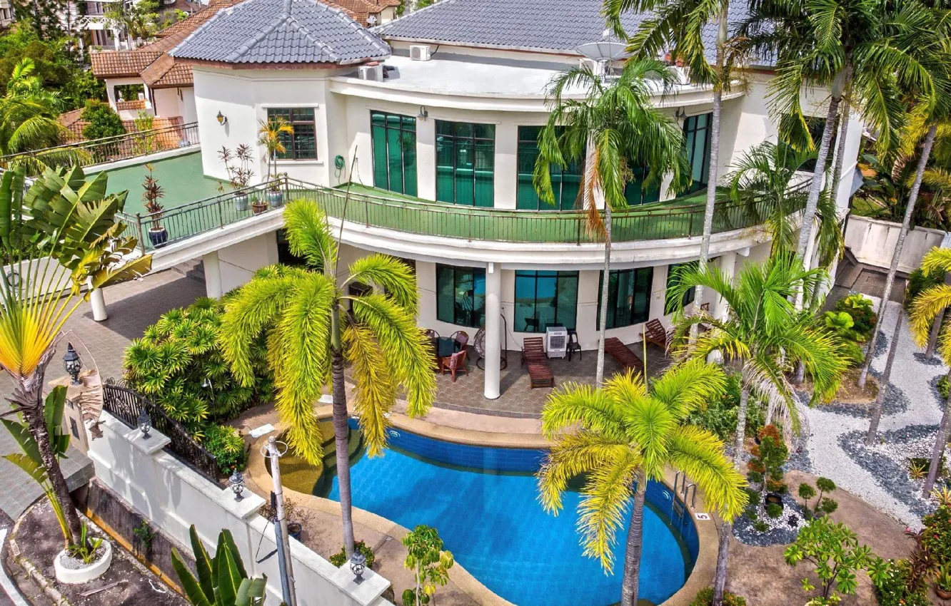 Photo wallpaper design, palm trees, Villa, pool, architecture, terrace, two levels