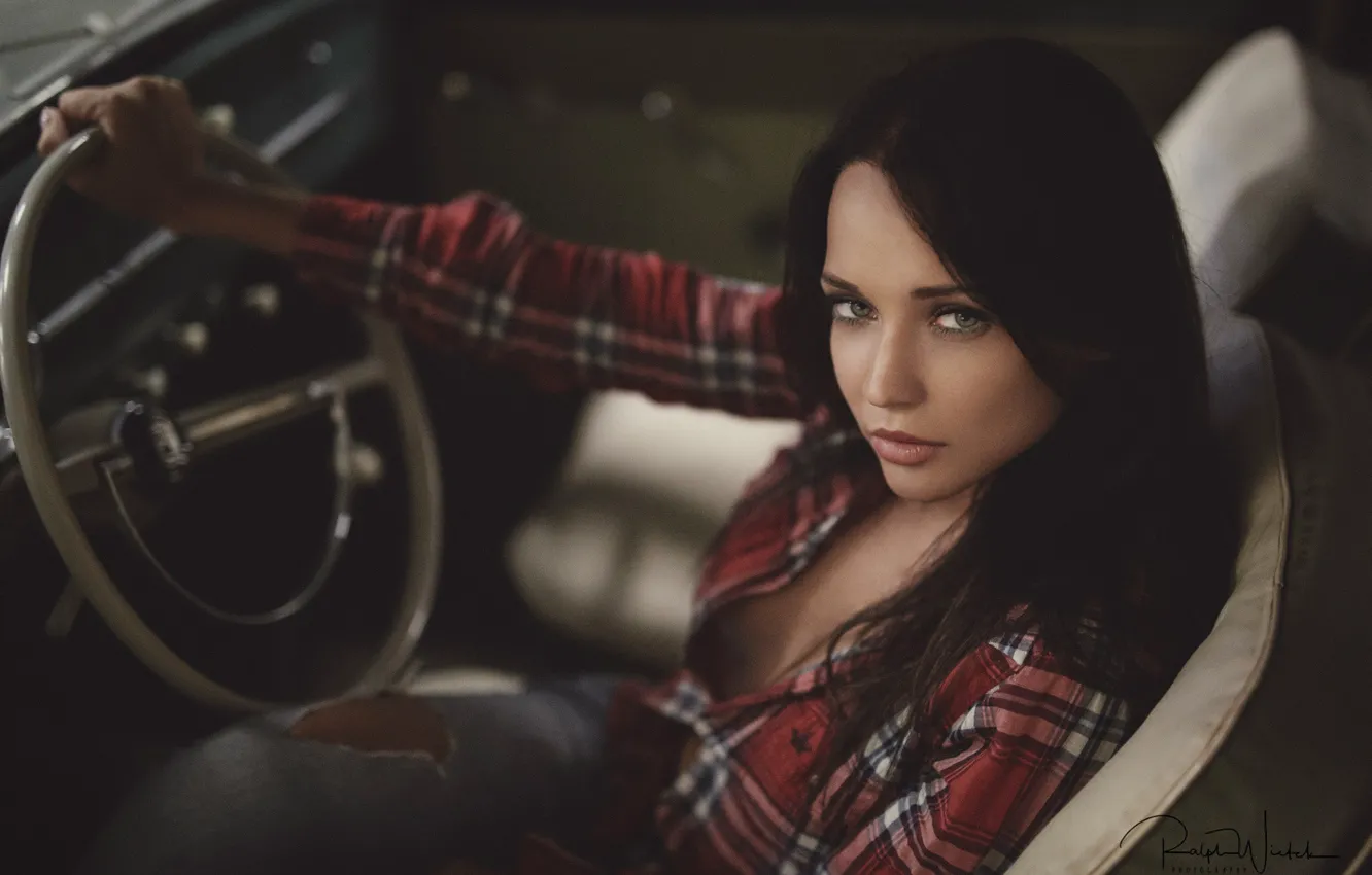 Photo wallpaper auto, model, jeans, makeup, brunette, hairstyle, shirt, driving