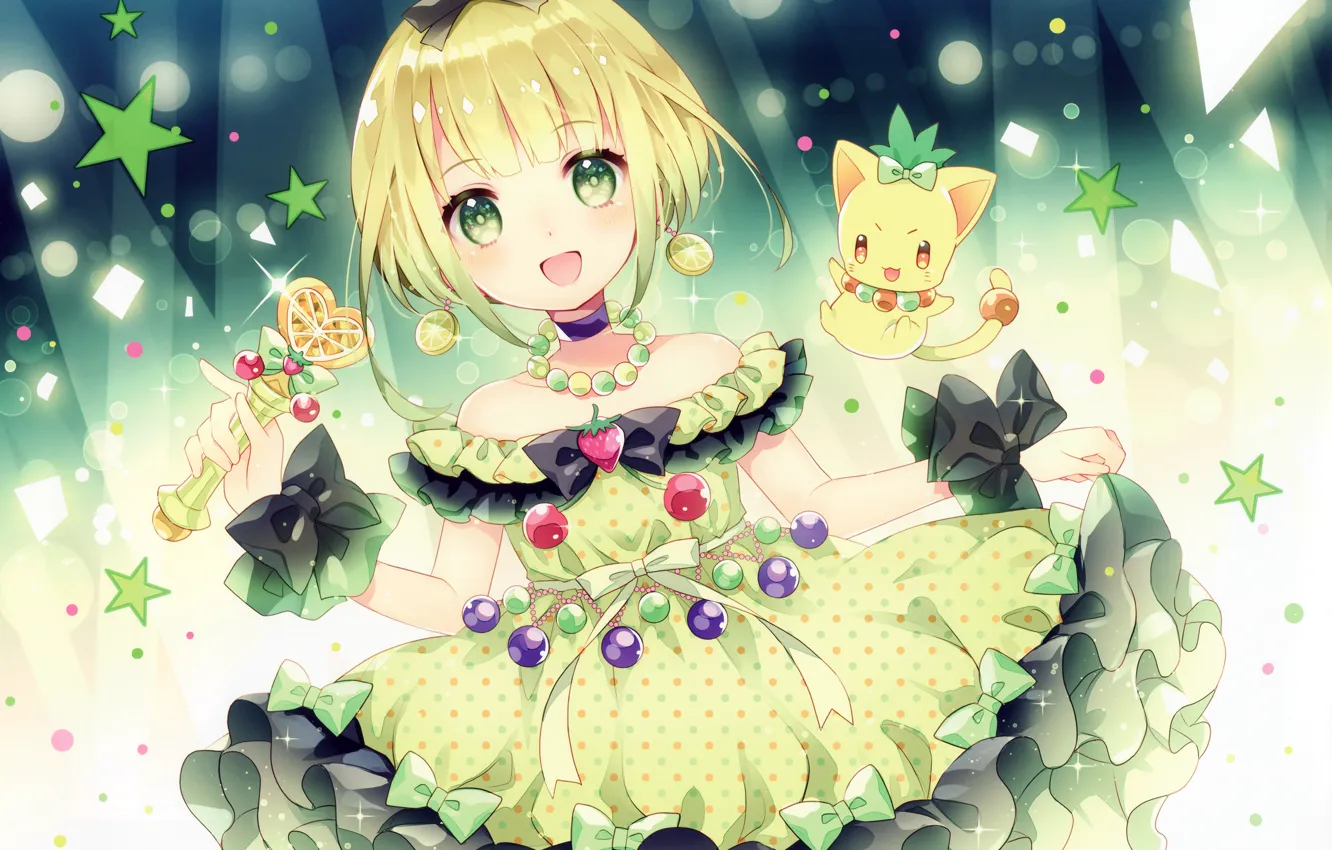 Photo wallpaper light, peas, girl, kitty, bow, rod, sorceress, stars