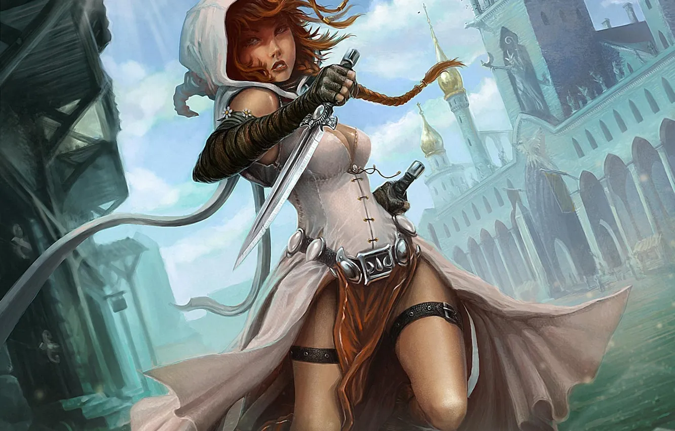 Photo wallpaper girl, river, building, art, dagger, killer