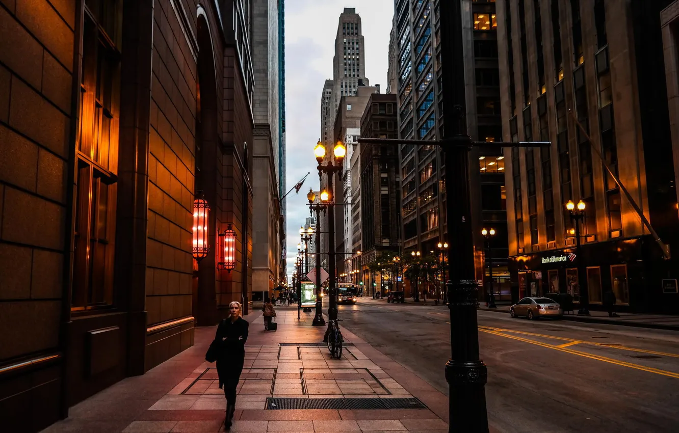 Photo wallpaper the city, lights, street, skyscrapers, the evening, Chicago, lights, Illinois