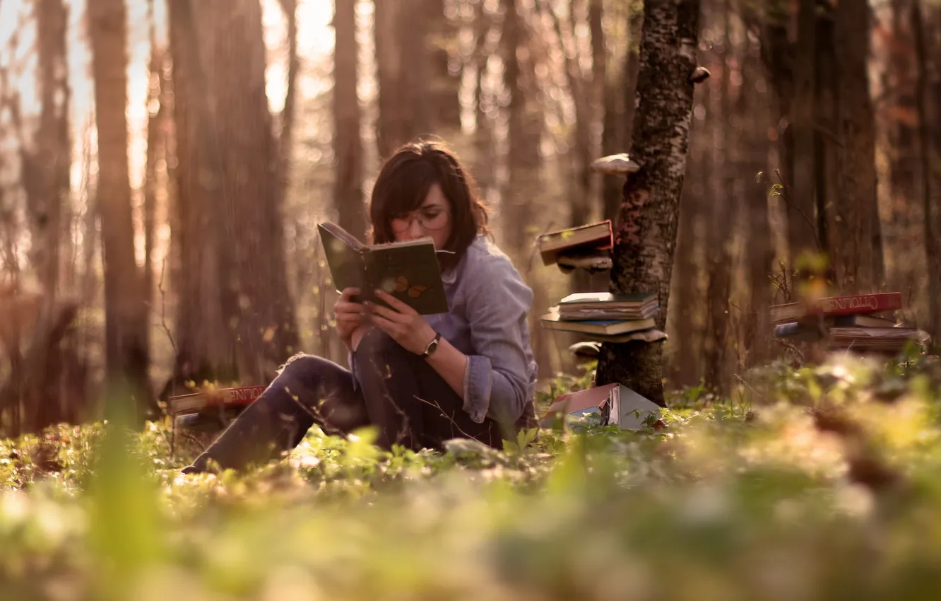 Photo wallpaper forest, girl, books