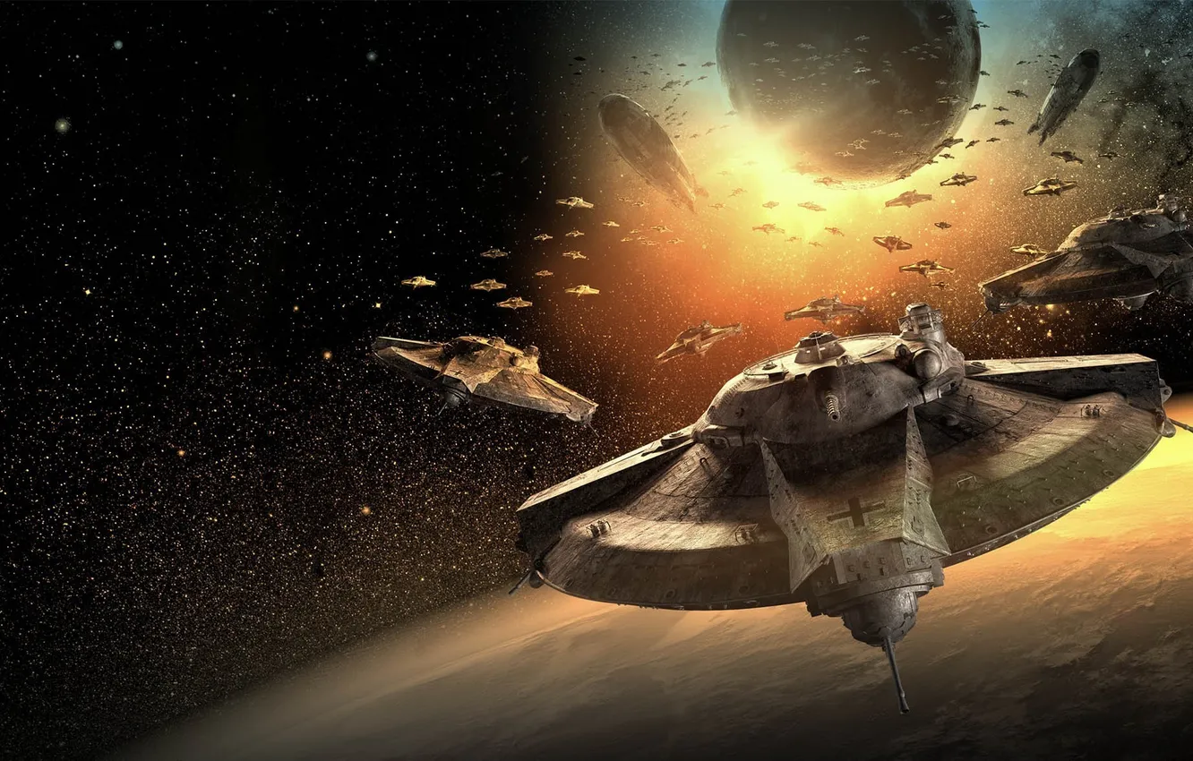 Photo wallpaper space, stars, ship, planet, Iron Sky, invasion